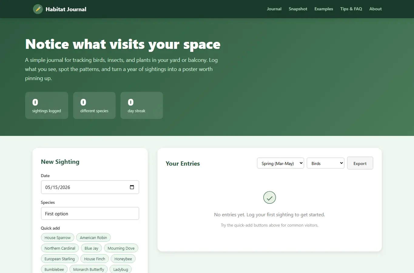 Screenshot of Backyard Habitat Snapshot Journal interface showing the project page in use